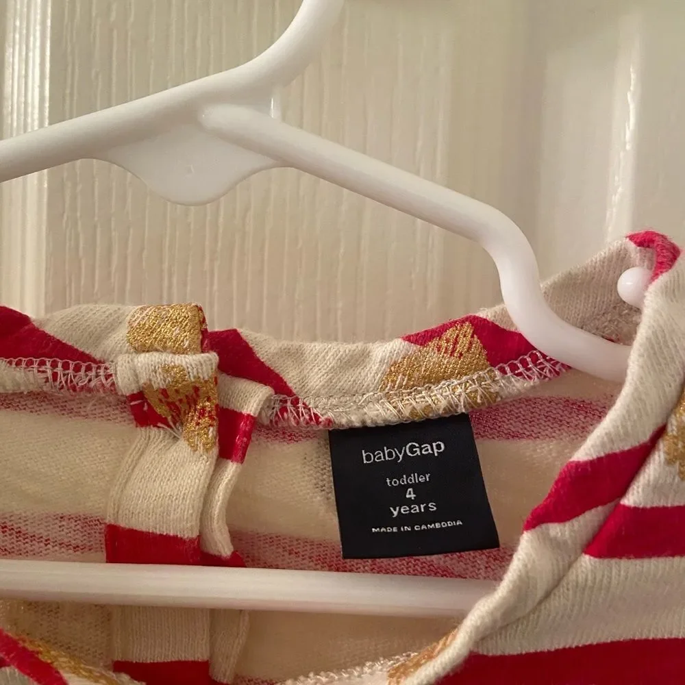 Baby Gap Long Sleeve Dress Red Striped Gold Hearts Chambray Skirt Girls Size 4T